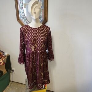 Maroon Sheer Lace with Lining and Belle Sleeves Midi Dress Sz M by Blu Pepper